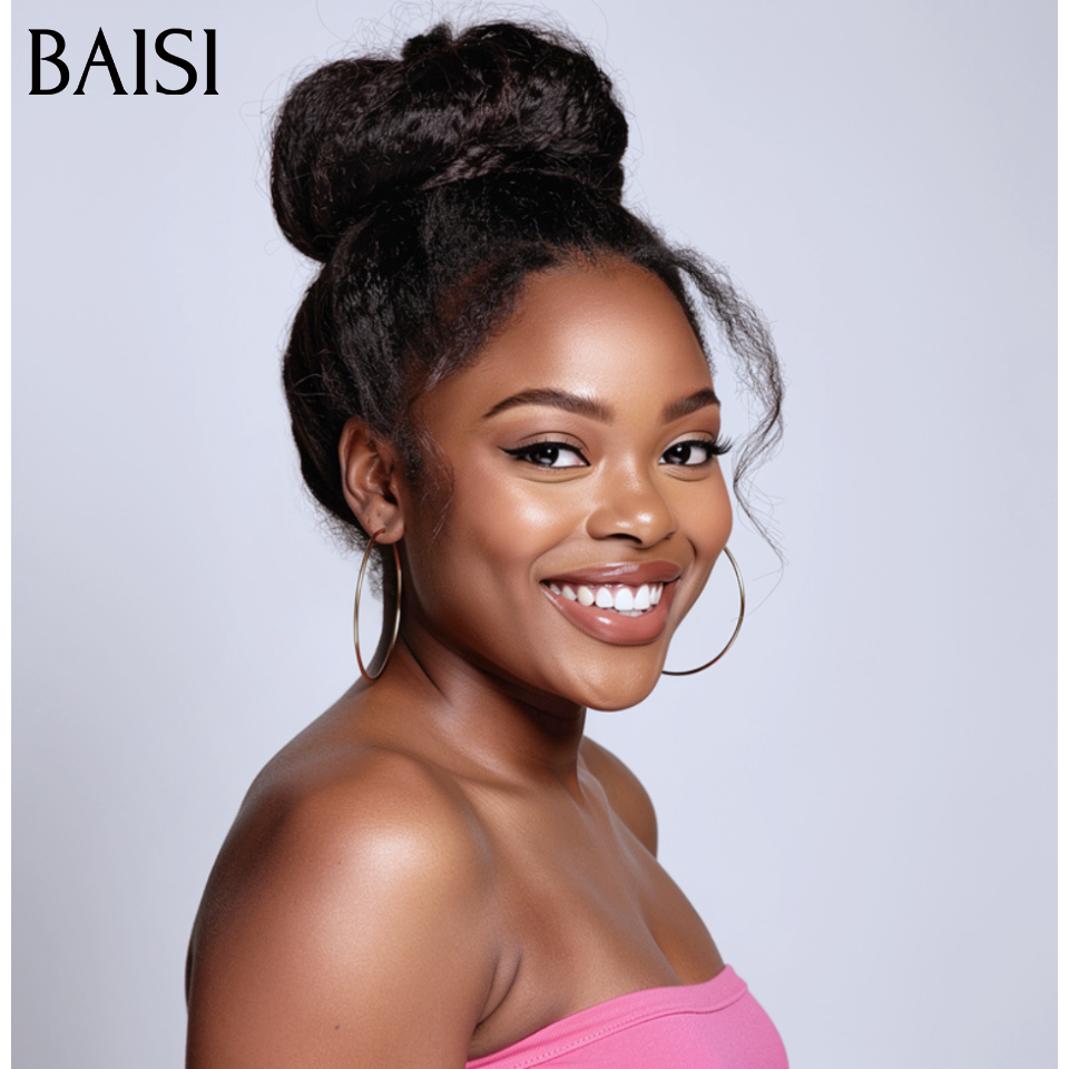 BAISI 13x4 lace frontal yaki Déjà Coiffée 18 pouce 109€ avec en chignon bun ou 4X4 perruque En Couleur Noir moitié prix kinky Straight 106€ en 100% cheveux humains MP50