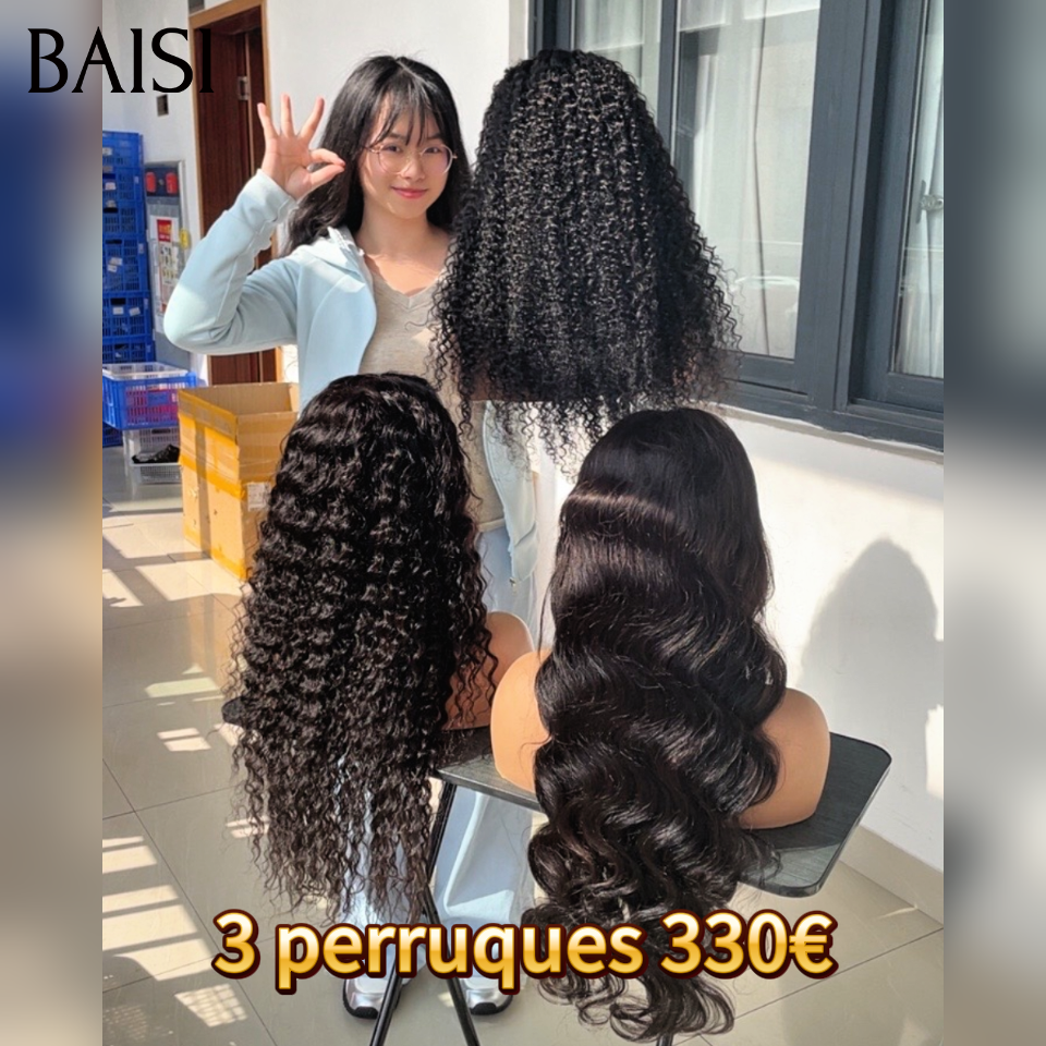 BAISI promotion 3 perruques pour revendre 330€ lace frontal 13x4 Perruque 26 Pouces Body wave et curly wave NOIR en 100% Cheveux Humains