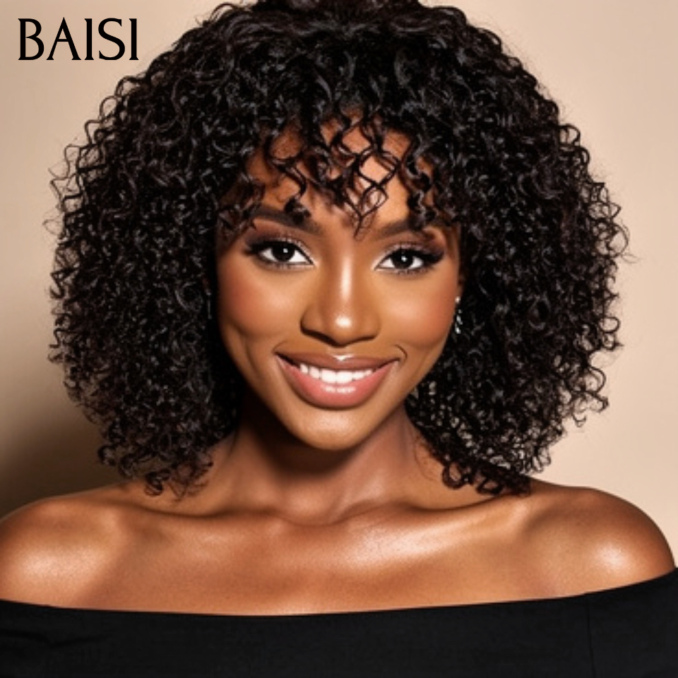 BAISI Perruque Bouclée curly Wave avec Frange 12 Pouces Sans Colle Sans lace en Couleur NOIR en 100% Cheveux Humains BS65