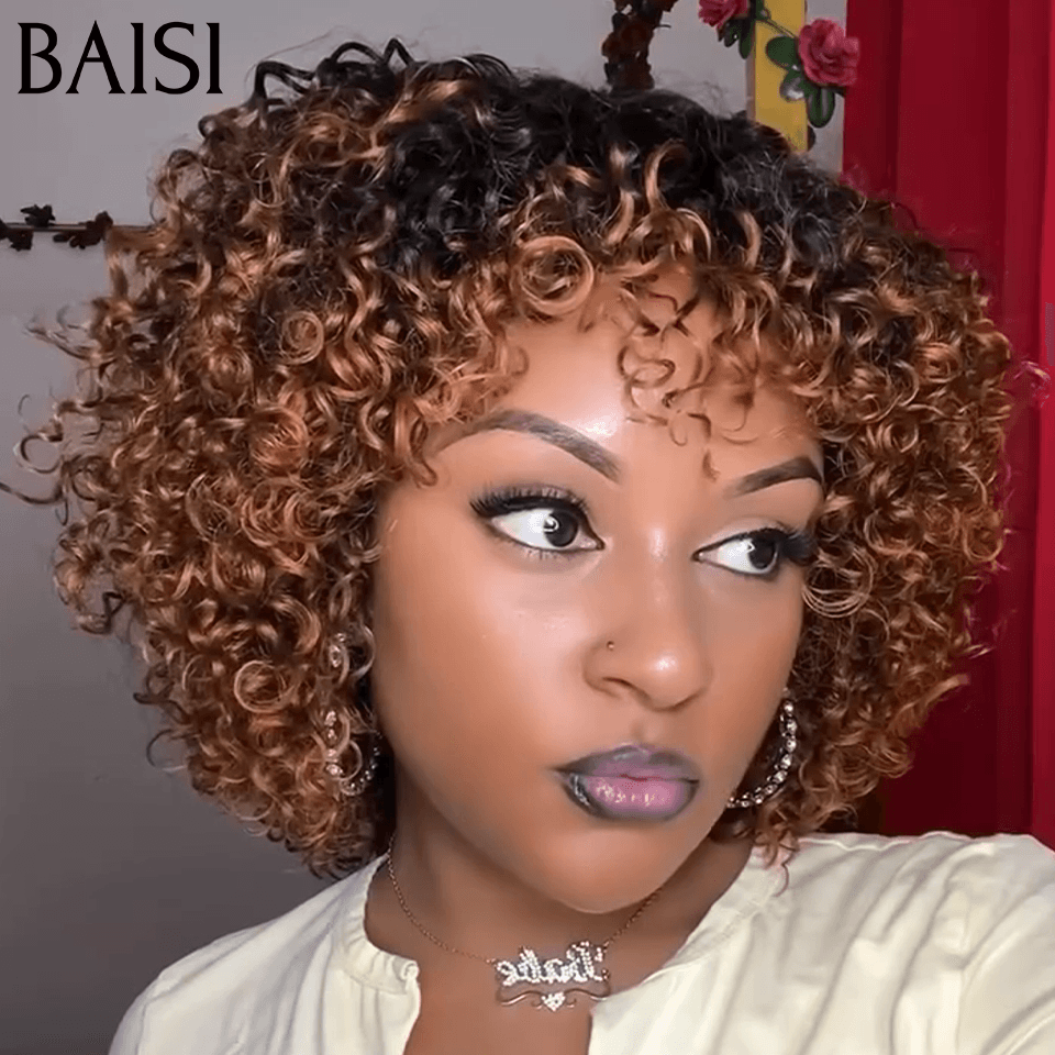 BAISI Perruque Afro curly Wave avec Frange bob en Couleur Marron 1BT4# sans colle En 100% Vrais Cheveux Humais Code FR38