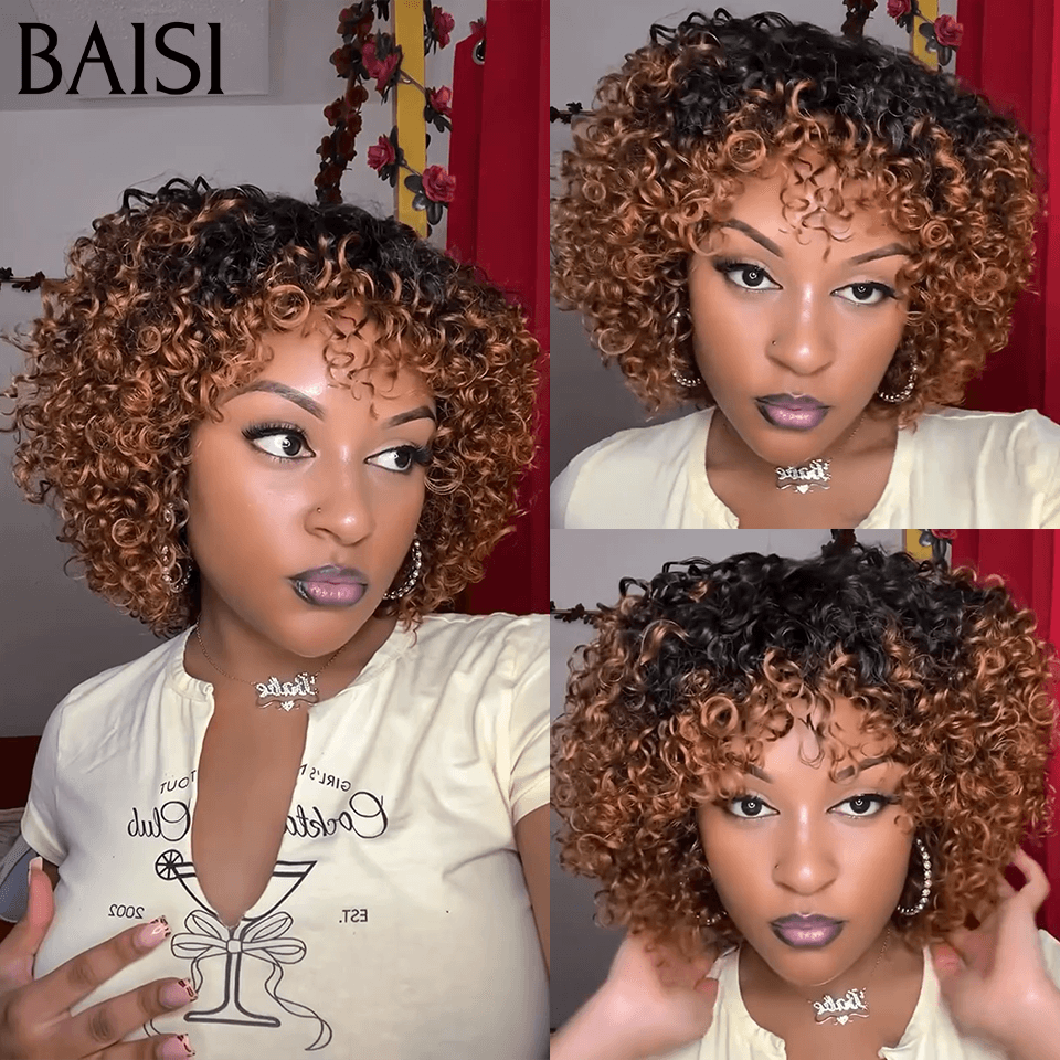 BAISI Perruque Afro curly Wave avec Frange bob en Couleur Marron 1BT4# sans colle En 100% Vrais Cheveux Humais Code FR38