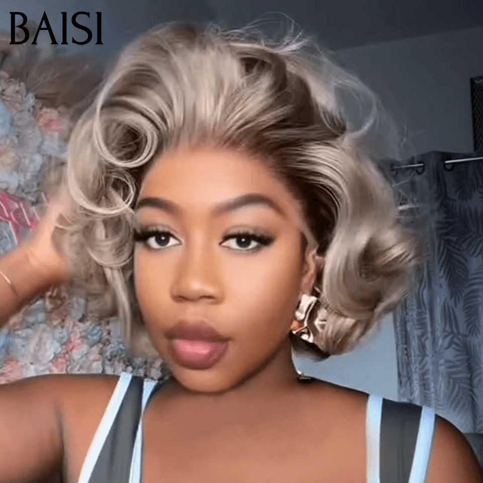 BAISI 5X lace Peruca Pixie Encaracolada Wave Cores personalizadas preto e cinzento 88€ Fácil de usar sem cola em 100% Cabelo Humano FR38