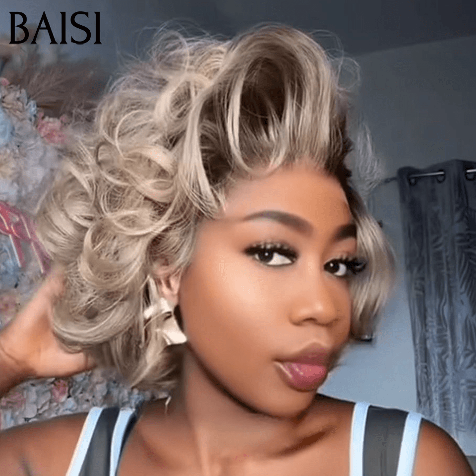 BAISI 5X lace Peruca Pixie Encaracolada Wave Cores personalizadas preto e cinzento 88€ Fácil de usar sem cola em 100% Cabelo Humano FR38