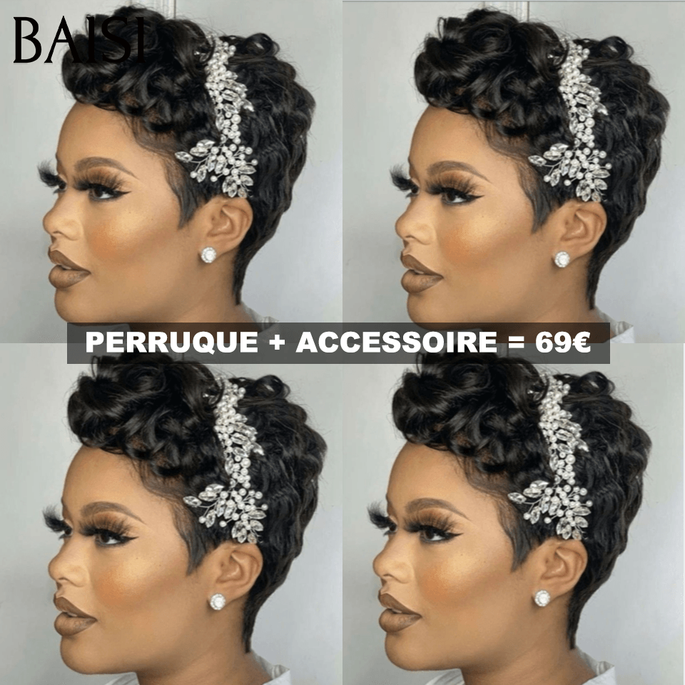 BAISI 13x4 Lace Frontale Perruque Pixie Finger Wave petite coupe + Accessoires gratuits 69€ NOIR En 100% Cheveux Humains FR38