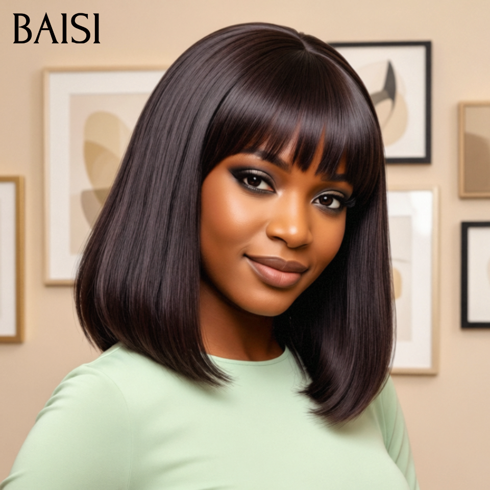 Peruca BAISI Bob lisa com franja SDD Vietnam Hair 10 polegadas 88€ ou Deep Wave 10 polegadas com franja 72€ em preto, 100% cabelo humano