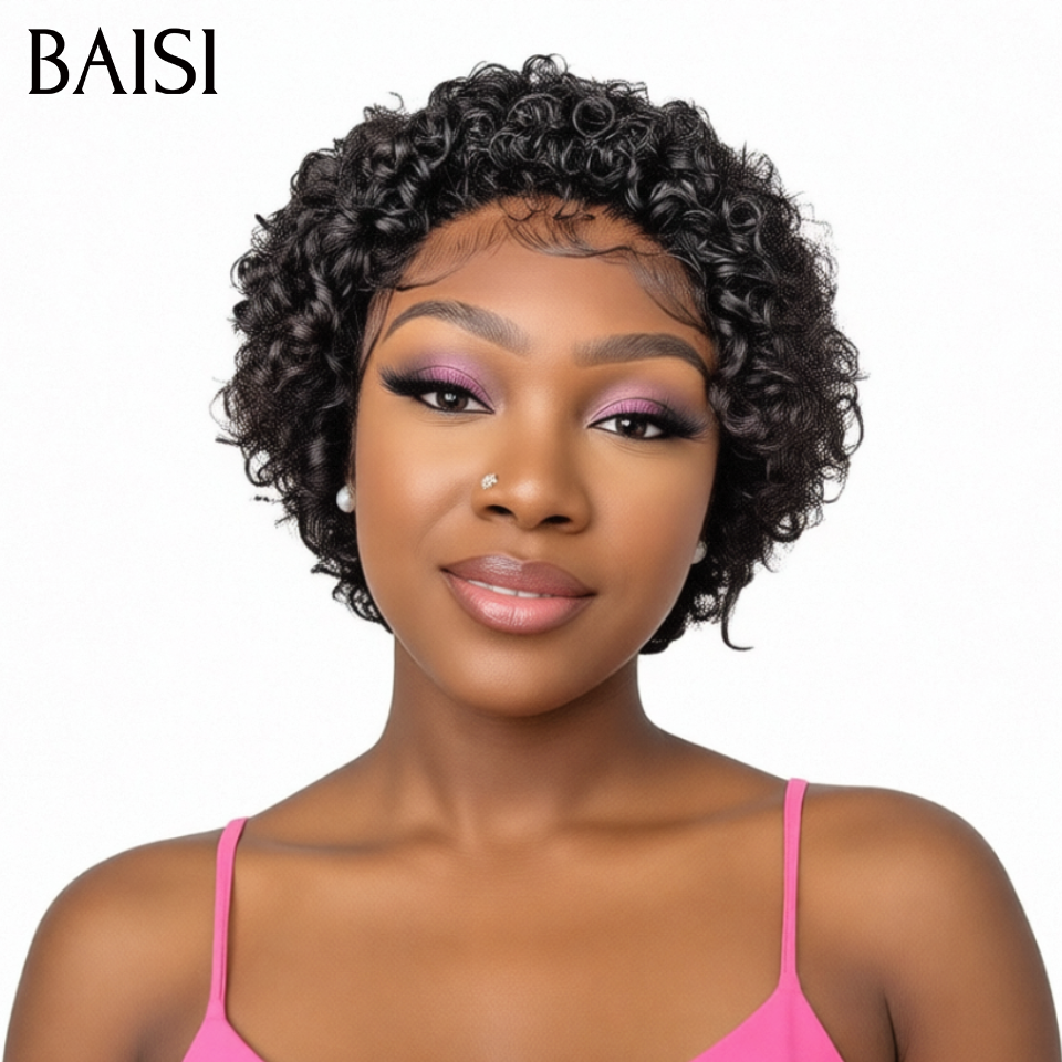 BAISI Acquista almeno 2 parrucche al prezzo di fabbrica del fornitore 13X4 PIXIE NERO in 100% Capelli Umani Veri (Non Serve Codice)