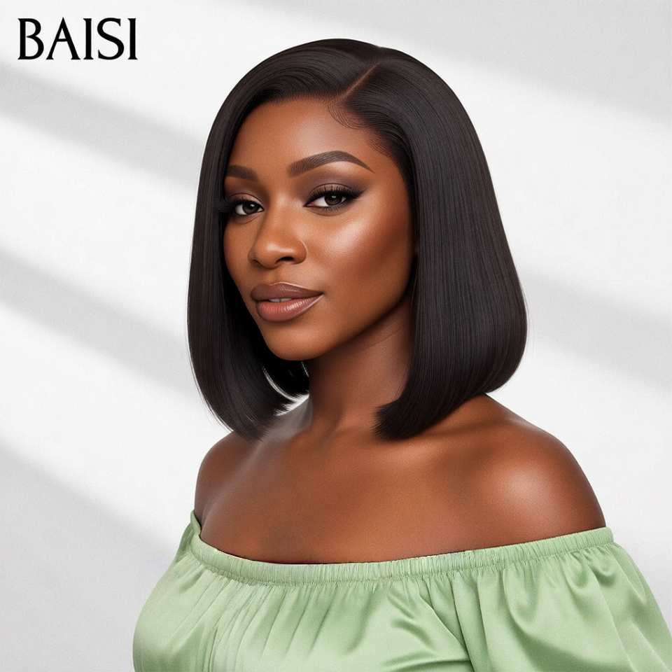 BAISI Perruque 13x4 lace frontal Lisse 10 Pouces ou 4X4 lace Raie sur le côté en couleur NOIR Lisse 8 Pouces 66€ en 100% Cheveux Humains