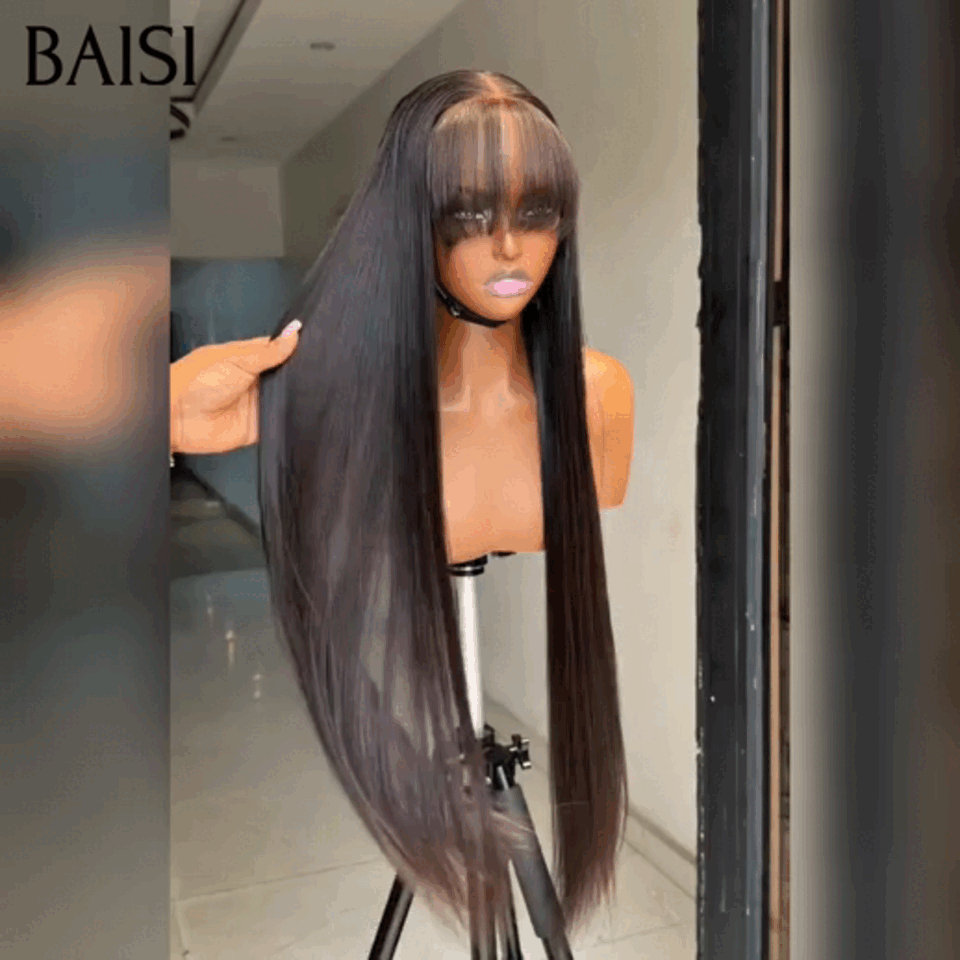 BAISI Perruque 40 Pouces 100€ Moitié Prix Lisse avec Frange en Blended human hair sans Colle Fabriqué à la Machine ou 20 Pouces raw hair 120€
