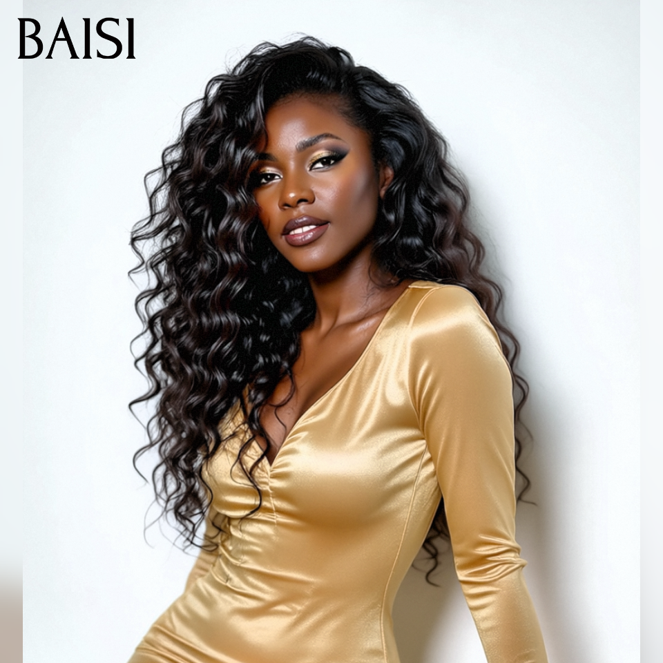 BAISI 13x4 Lace Frontal Perruque deep Wave en couleur #1B en 100% Cheveux Humains