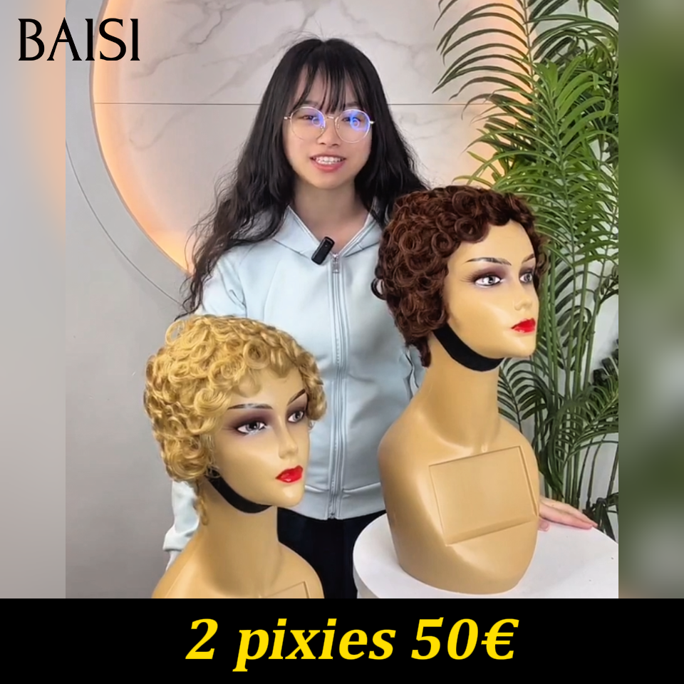BAISI 2 Perruques 50€ pixie finger wave perruque chioma 2 couleurs blonde et Marron sans Colle Fabriqué à la Machine Facile à porter en 100% Cheveux Humains