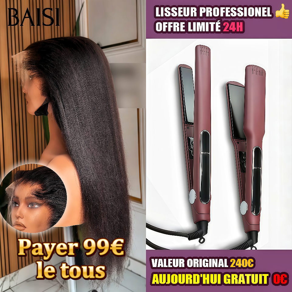 BAISI Perruques 13x4 Lace frontal Kinky Straight 14 pouce Raw Hair plus 1 Lisseur PRO Gratuite 99€ PROMO Offre spéciale en 100% vrais cheveux humains