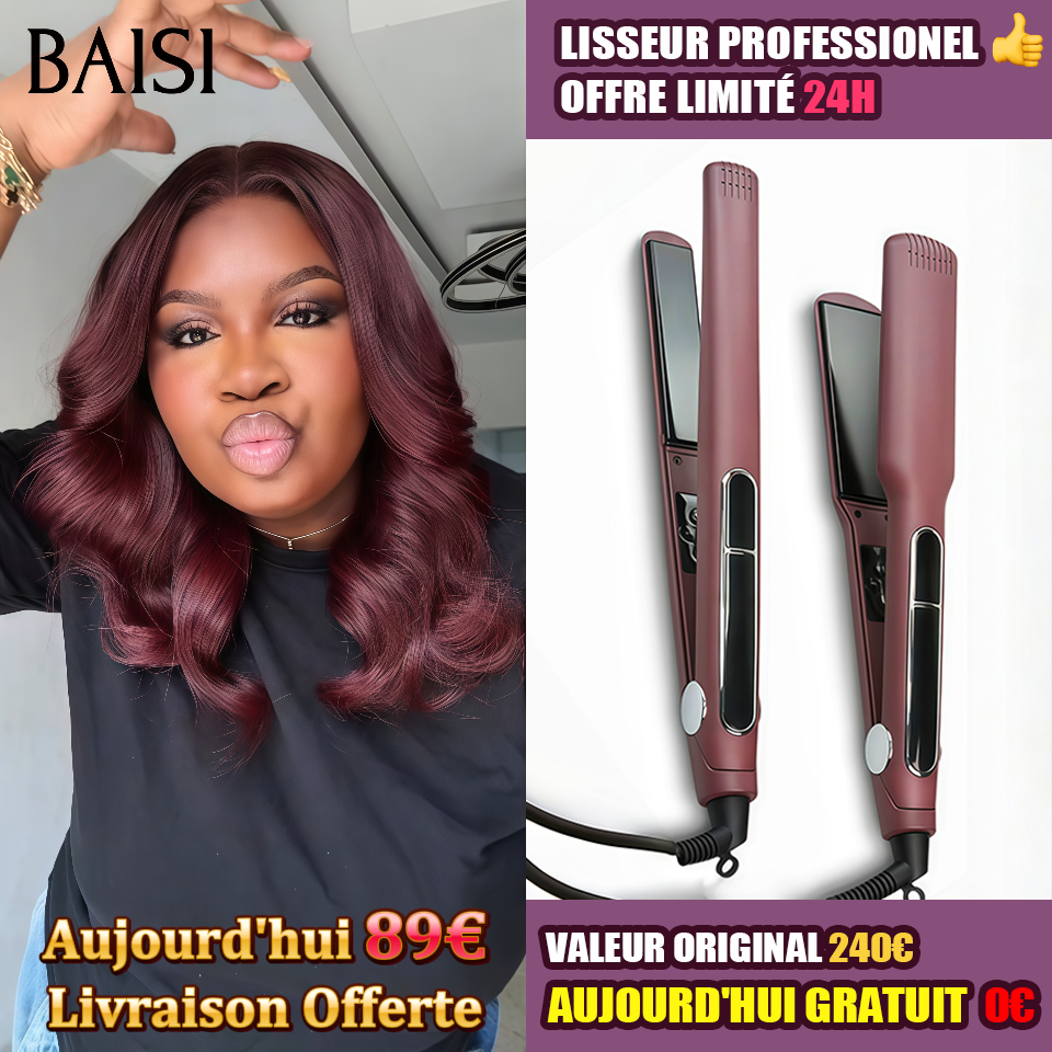 BAISI Offre spéciale Perruques 13x4 lace frontal Body wave Bordeaux 1 Perruque + Lisseur PRO Gratuite PROMO en 100% vrais cheveux humains