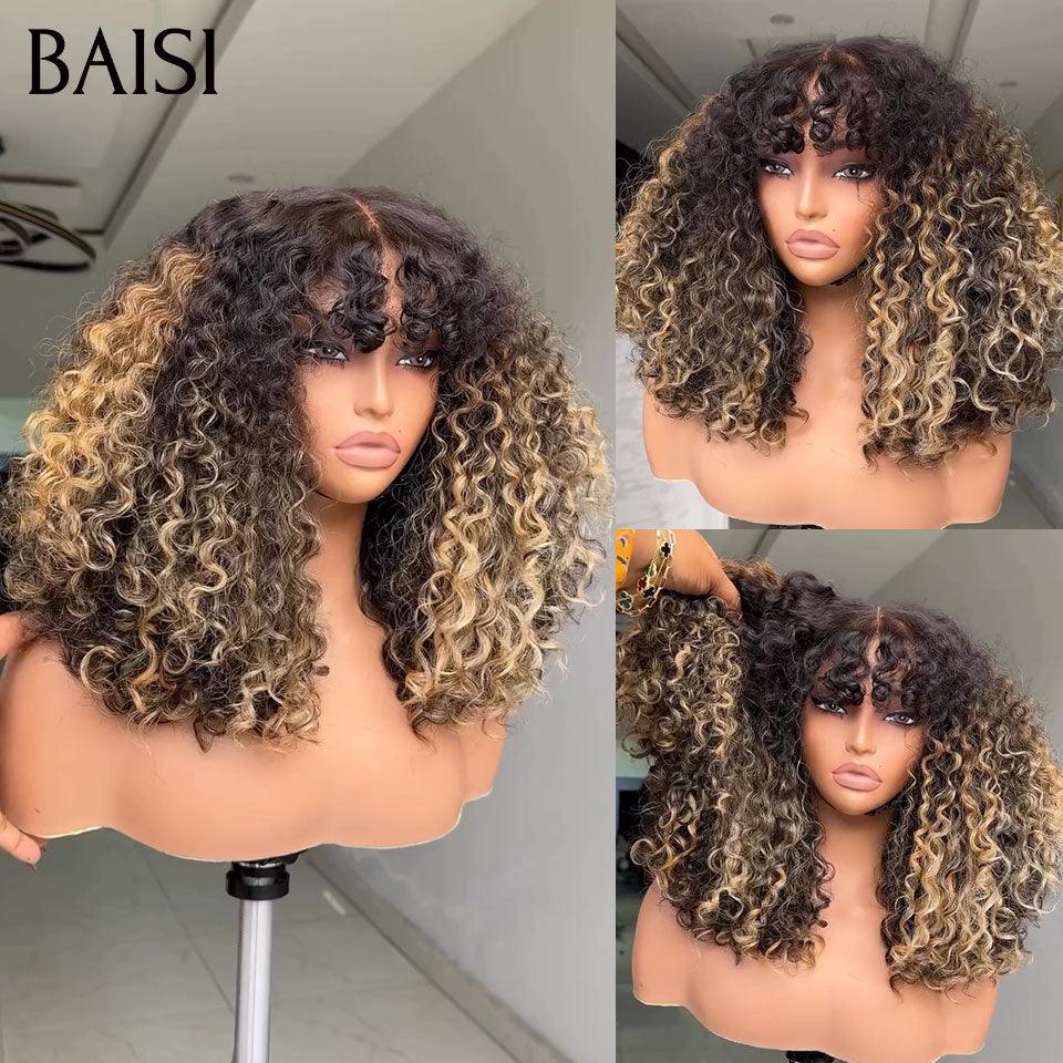 BAISI Perruques de Luxe curly Wave 300% densité 16 pouces Couleurs personnalisées Très belle couleur avec Frange Fabriquées par les cheveux double drawn BS120