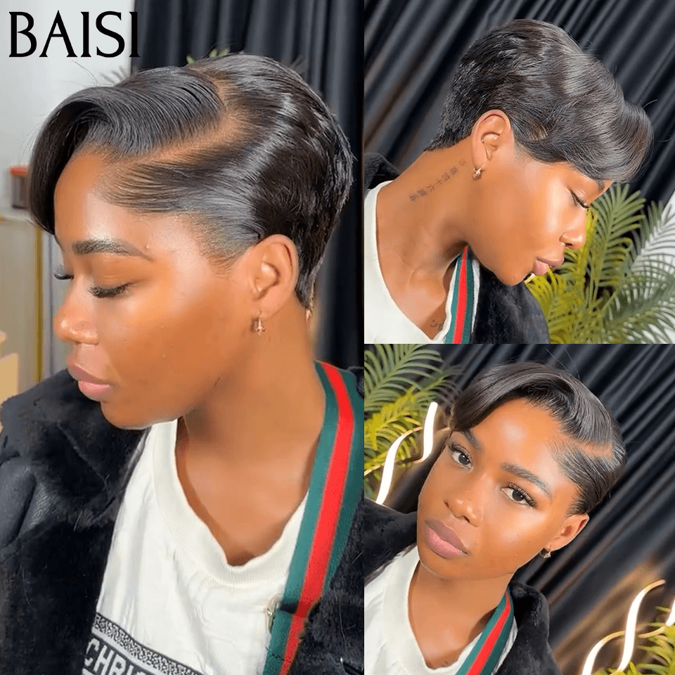 BAISI T-Part Lace Frontal pixie Perruque Avec Transparent lace 13x1x6 59€ en Couleur noir FR38