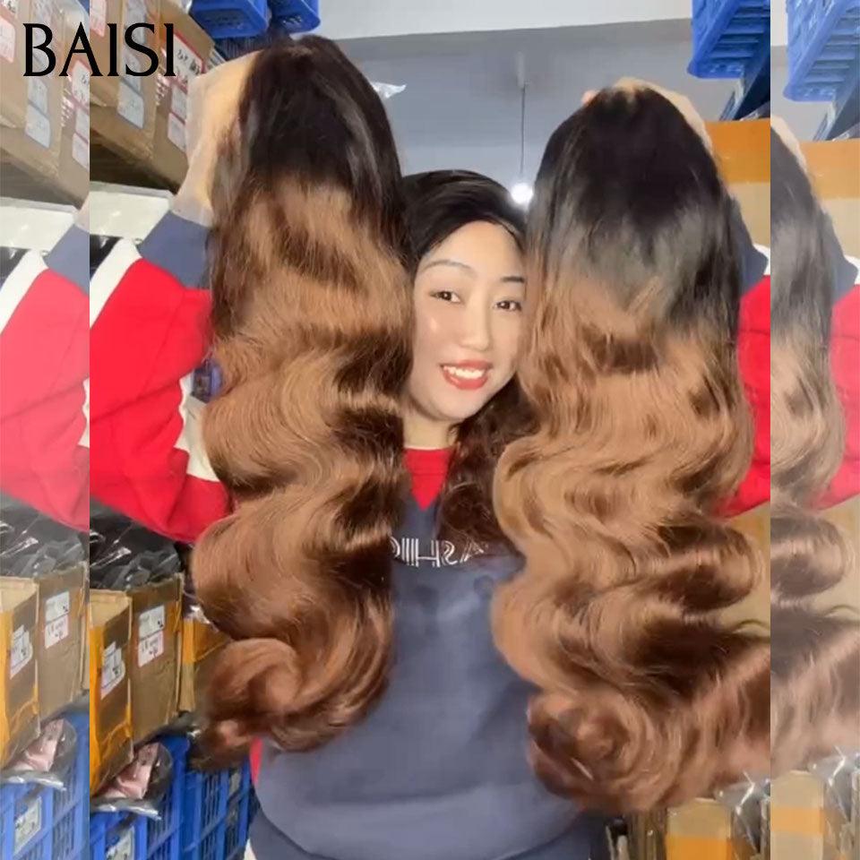 BAISI 13x4 Perruque Body Wave en Marron #1B4 18 pouces 150€ Pré-plucked Pas Besoin de Colle en 100% Raw Hair Lace déjà couper