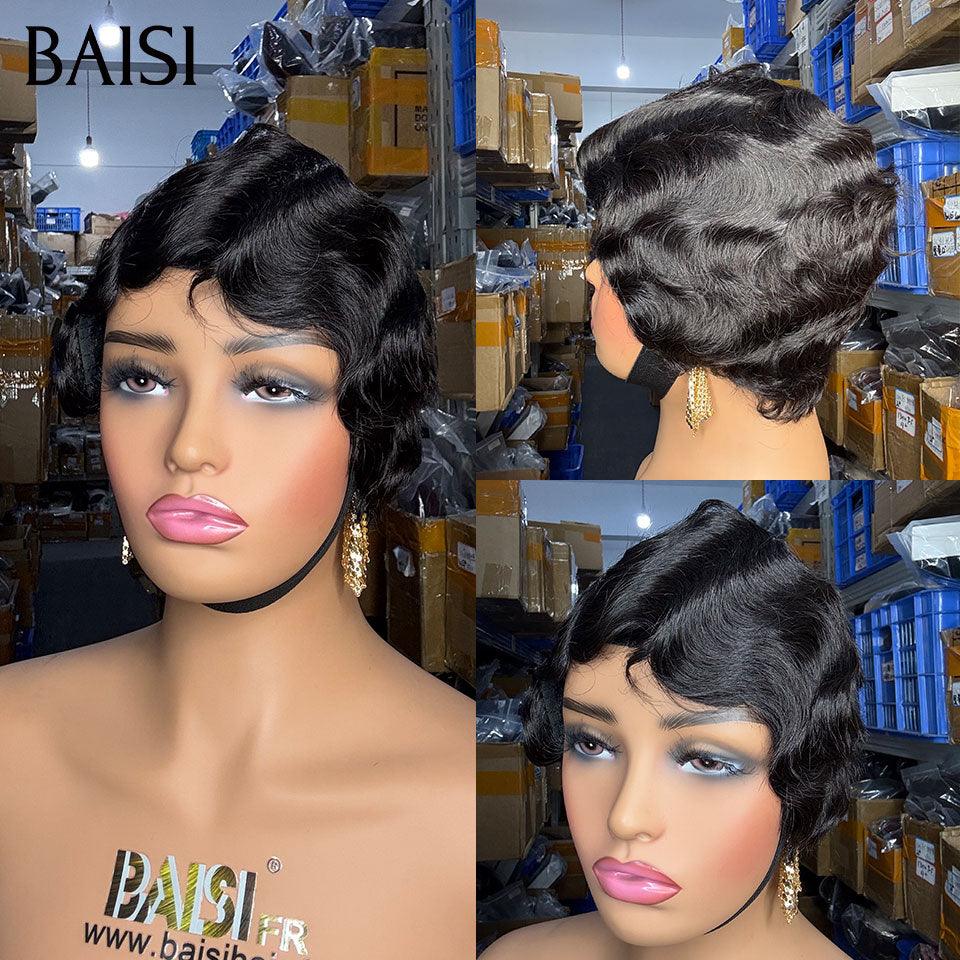 BAISI pixie 45€ en Couleur NOIR water wave petite coupe fabriqué à la machine Sans Colle Sans Lace F-9012 ou 4X4 lace water wave 14 Pouces 150€ DE luxe