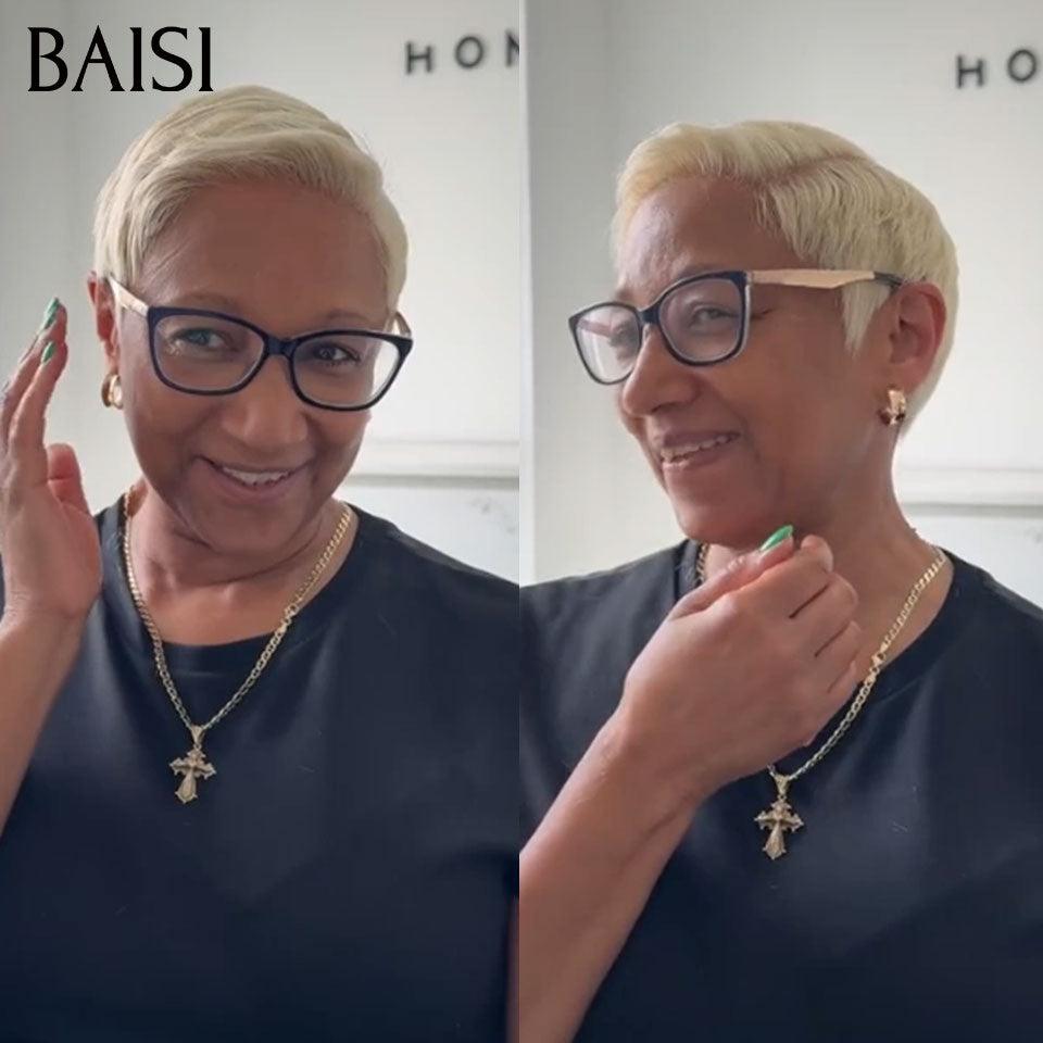 BAISI Perruque Pixie bouclé petite coupe Noir 6 pouces 59€ ou 13X4 pixie Lisse 1B#Mix30# 78€ ou blonde 613# 89€ En 100% Cheveux Humains