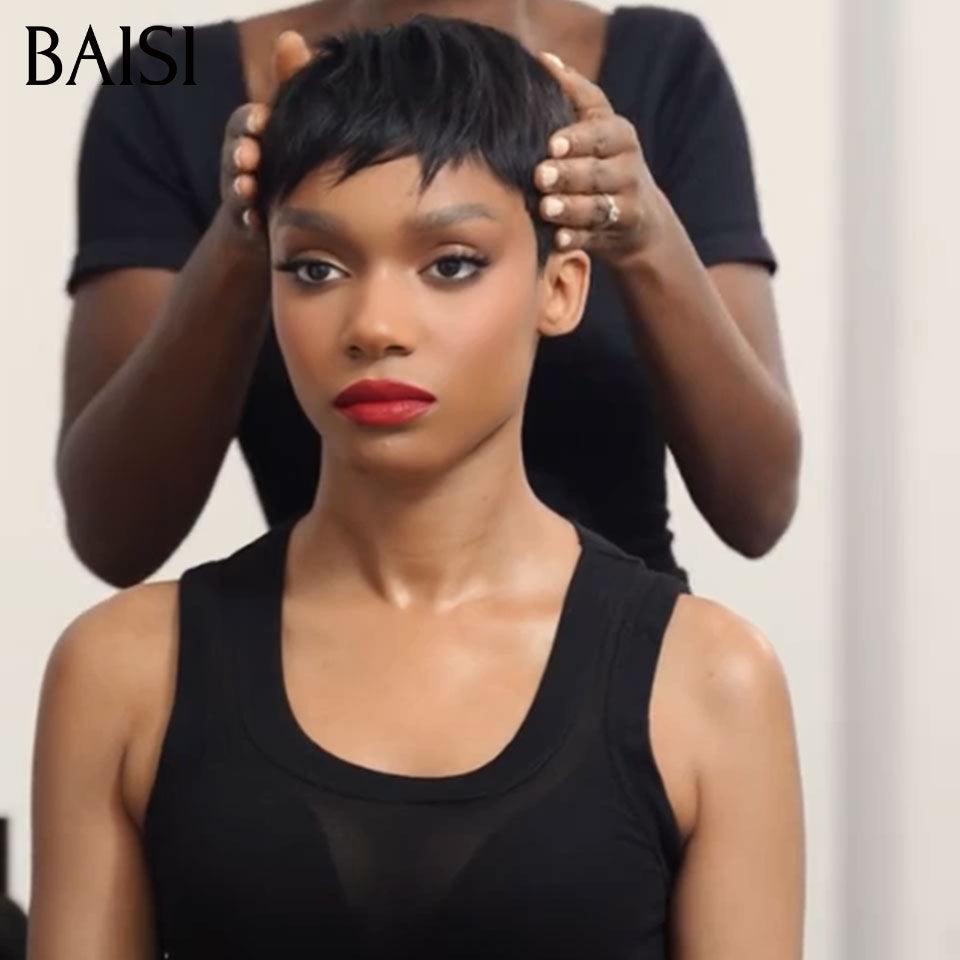 BAISI pixie 38€ en Couleur NOIR petite coupe fabriqué à la machine Sans Colle Sans Lace F-026