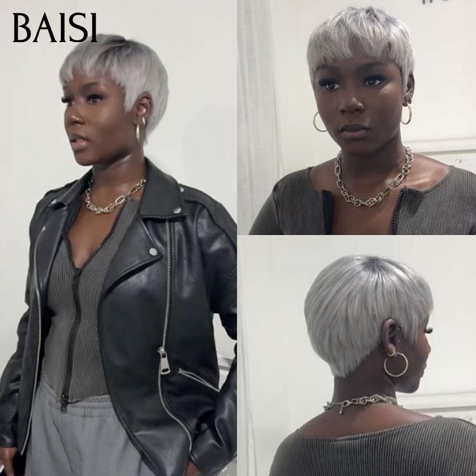 BAISI Perruque Pixie lisse petite coupe fabriqué à la machine moitié prix NOIR 52€ ou 109€ en couleur 1B/Gris En 100% Cheveux Humains MP50