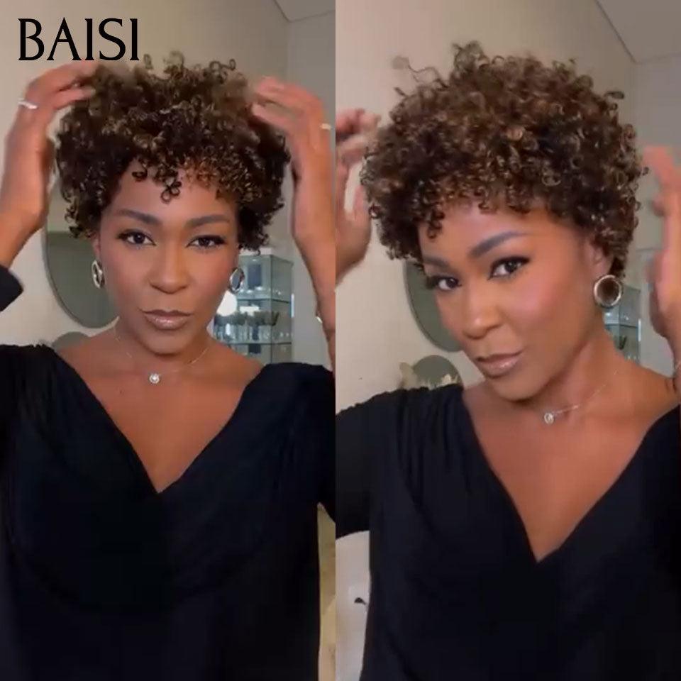 BAISI Perruque Pixie Afro curly en couleur noir mix miel 68€ sans colle sans lace 100% Cheveux Humains Fabriqué à la Machine BS60