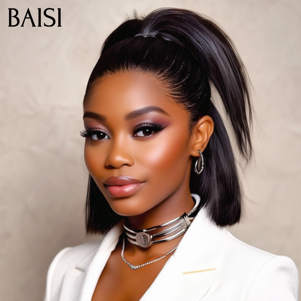 13x4 frontal em renda Bob liso, penteado já feito com rabo de cavalo, na cor PRETO, 88€ em 100% cabelo humano
