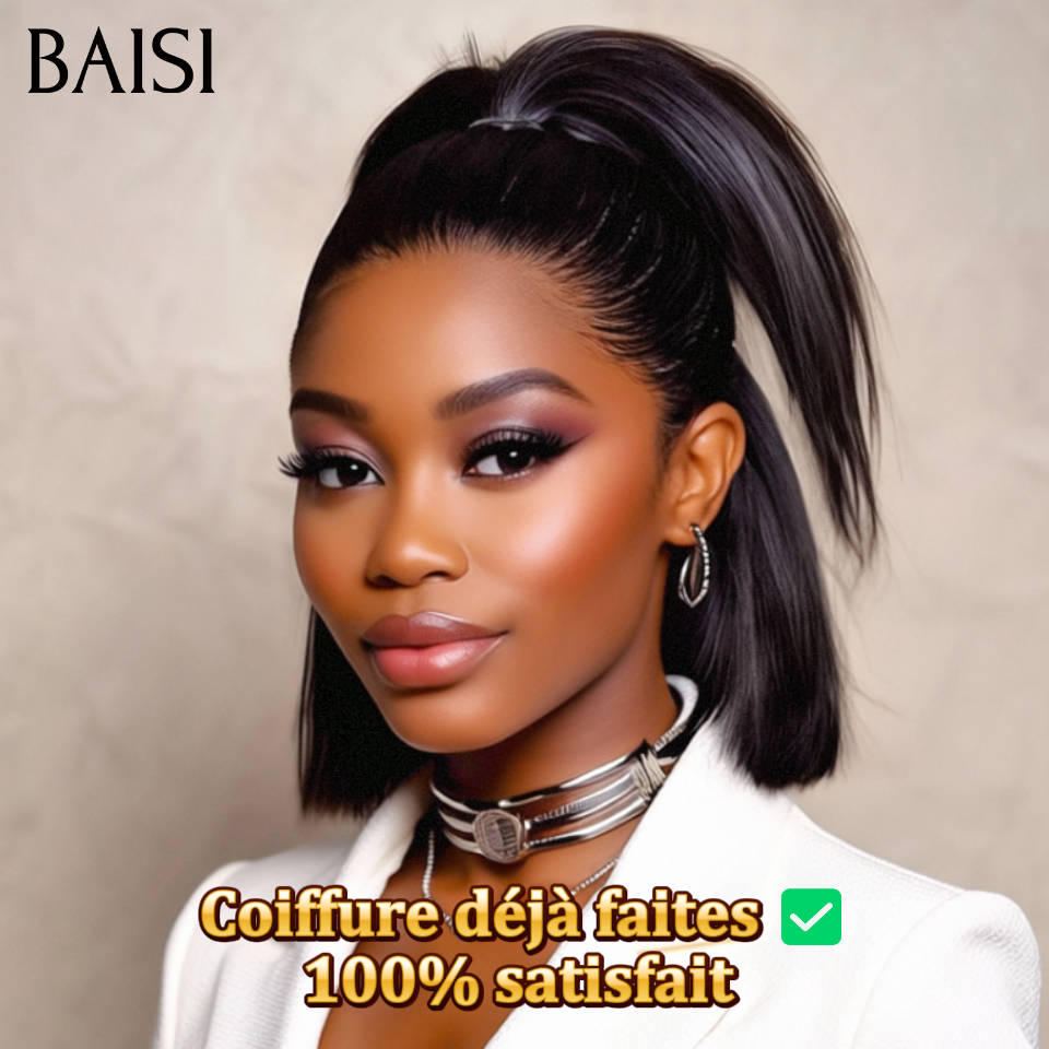 13x4 frontal em renda Bob liso, penteado já feito com rabo de cavalo, na cor PRETO, 88€ em 100% cabelo humano
