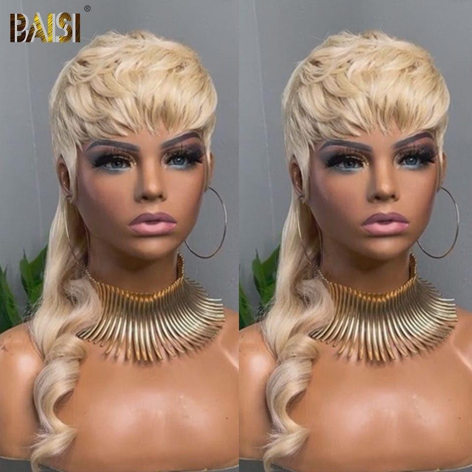 Parrucca stile MULLET modello top BAISI in bionda #613 in capelli umani al 100% Realizzata con capelli con doppie ciocche diritte disegnate dall'alto verso il basso stessa dimensione stesso volume più di 20 anni di utilizzo