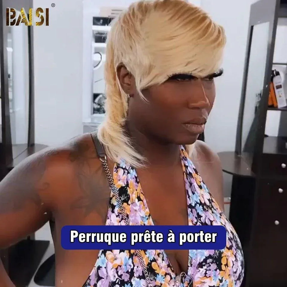 BAISI Top Modèle Perruque MULLET Style Natural Wave en Couleur Naturelle #1B ou blonde en 100% Cheveux Humains