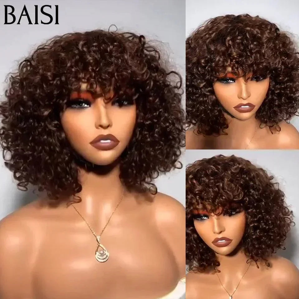 BAISI Offerta Flash 98€ Parrucca Riccia Water Wave Colore Marrone Senza Lace Senza Colla in 100% Capelli Umani FR38