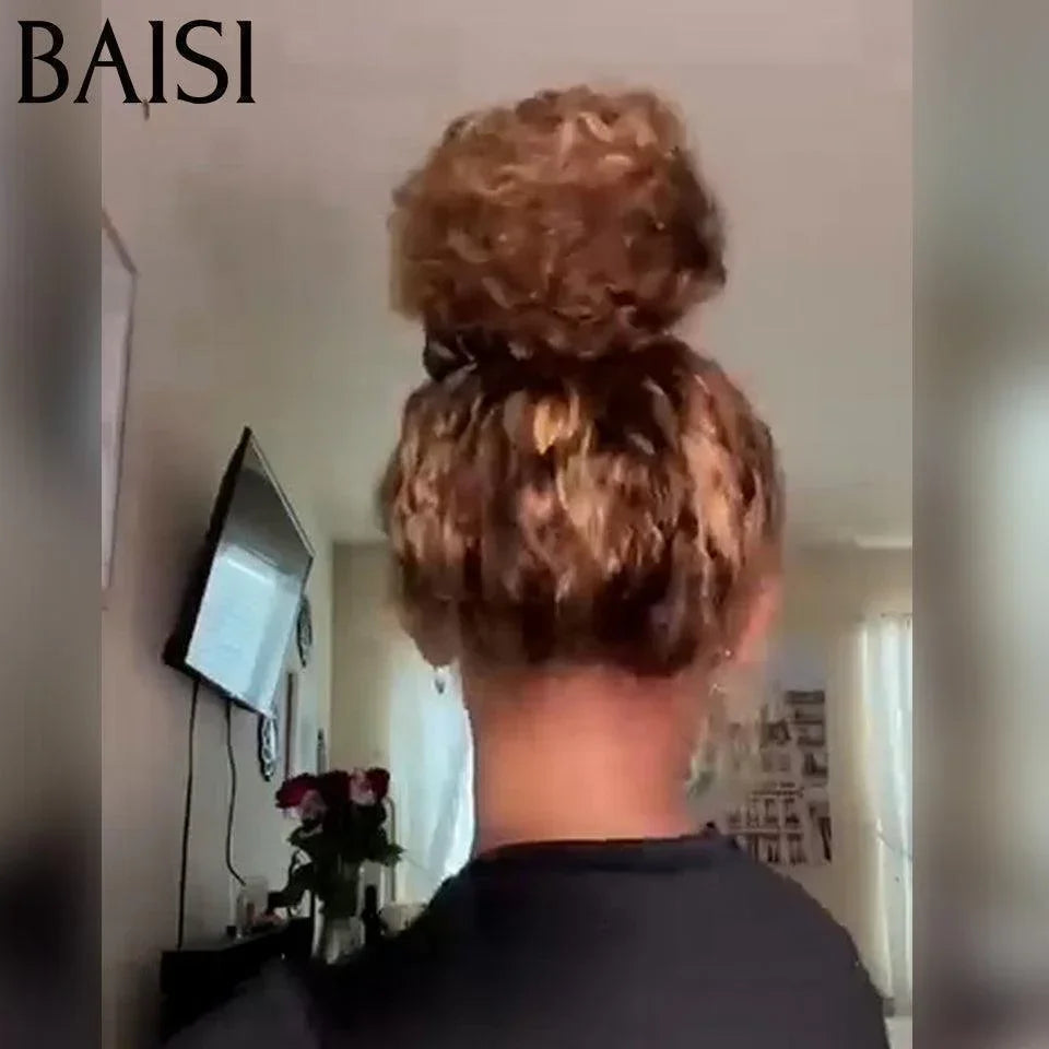 BAISI Upgrade Invisible Strap 360 Perruque Curly Bouclée en Couleur Piano Miel P4-27 invisible et réglable Pré-plucked Pas Besoin de Colle 250% densité en 100% Raw Hair Lace déjà couper