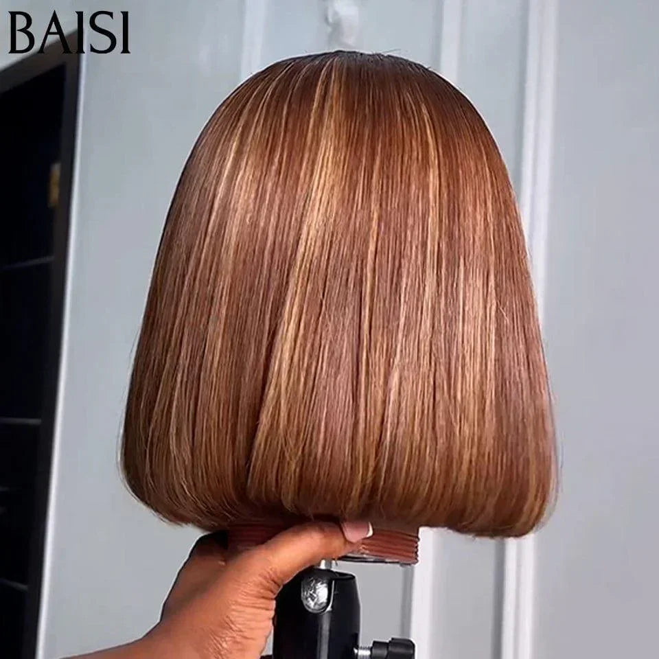 BAISI 15A sans Lace sans colle Bob lisse Avec Frange Perruques de Luxe 100% Vietnam Hair SDD BONE STRAIGHT Couleur T#4 mixte #27 300% densité A1 Fabriquées par les cheveux double drawn