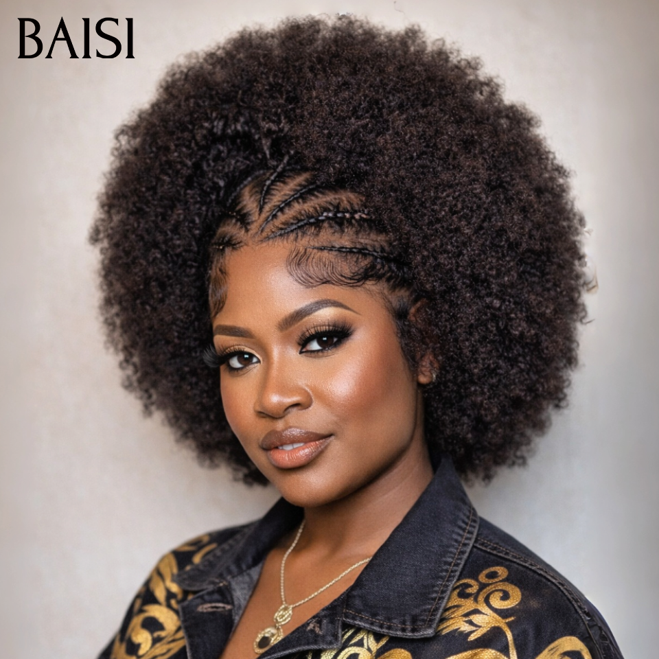Parrucca riccia Bob Afro BAISI Piccola treccia riccia frontale in pizzo 100% capelli umani