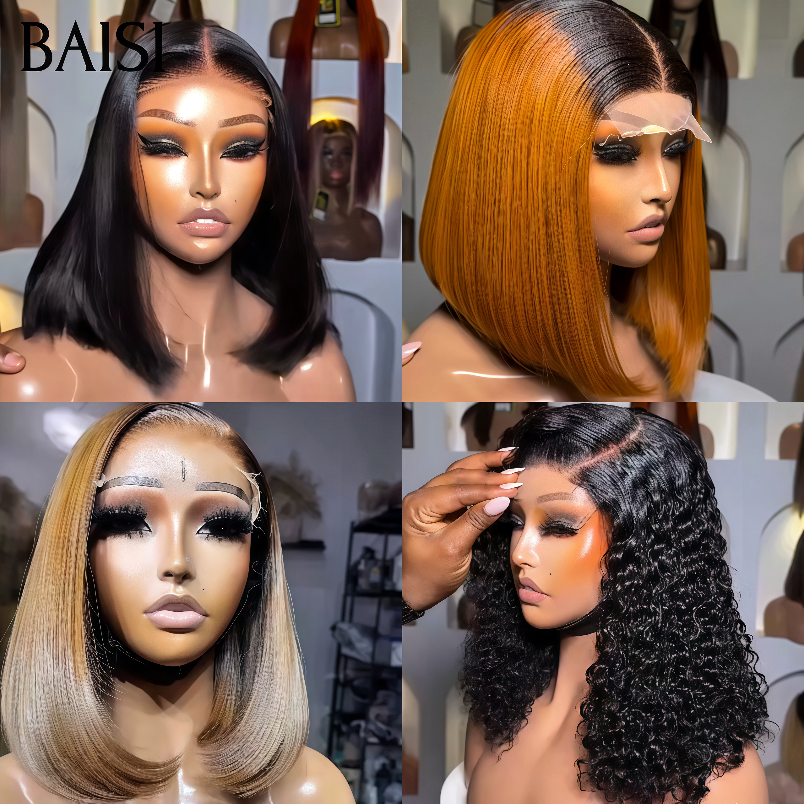 BAISI Perruque Chioma et BOB 4x4 lace closure Lisse ou curly wave 10 Pouce BOB Coupe personnalisée en 4 couleurs en 100% Cheveux Humains