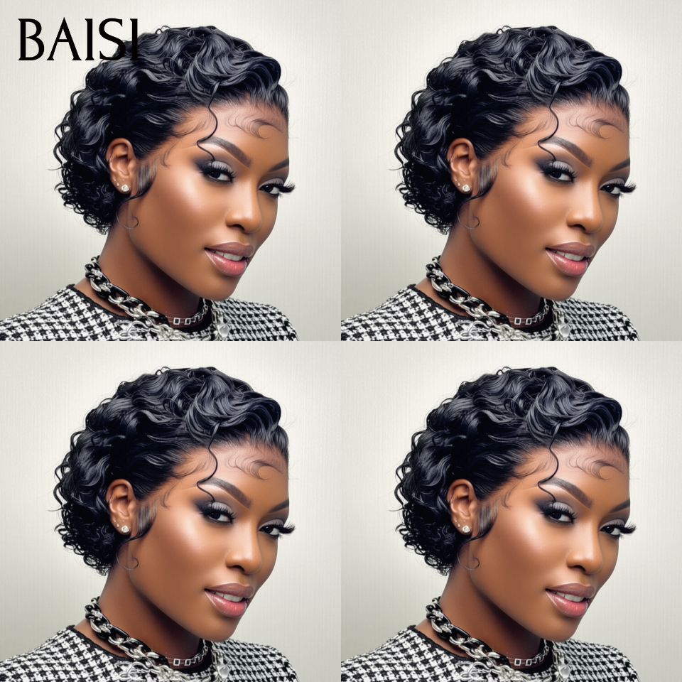 BAISI Perruque 13x4 lace frontal Pixie curly Wave 58€ en Couleur noir En 100% Cheveux Humains