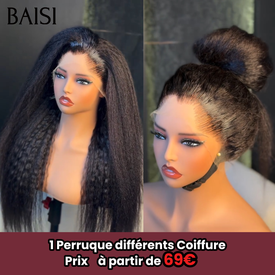 BAISI Perruque Naturelle En Lace Frontal Kinky Straight Yaki Straight En 100% Cheveux Humains De Bonne Qualité B