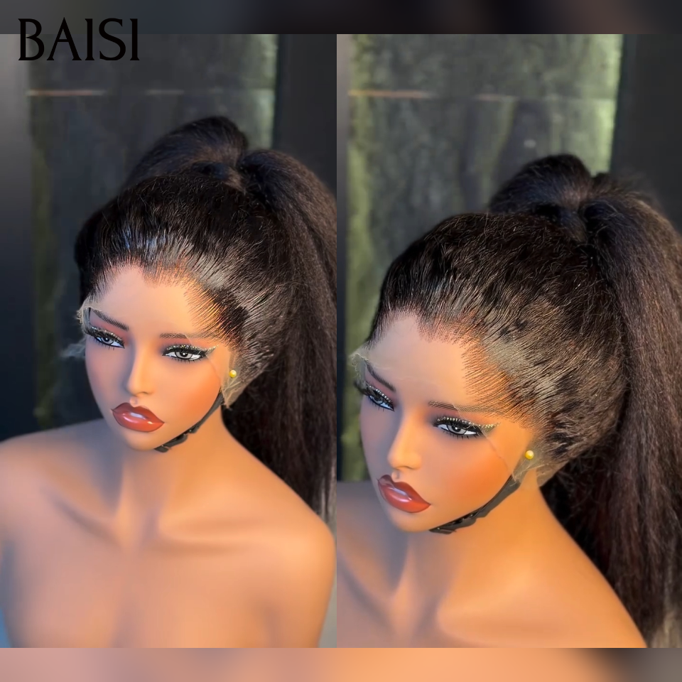 BAISI Perruque Naturelle En Lace Frontal Kinky Straight Yaki Straight En 100% Cheveux Humains De Bonne Qualité B
