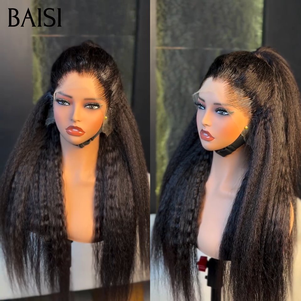 BAISI Perruque Naturelle En Lace Frontal Kinky Straight Yaki Straight En 100% Cheveux Humains De Bonne Qualité B