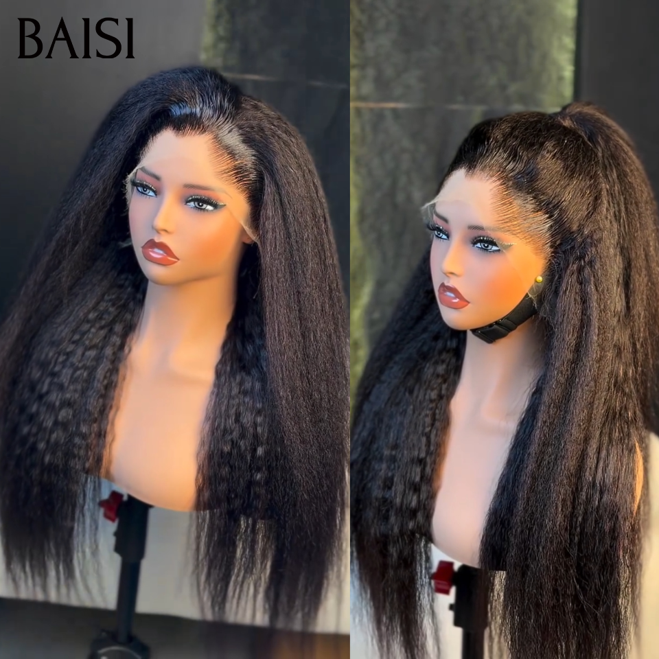 BAISI Perruque Naturelle En Lace Frontal Kinky Straight Yaki Straight En 100% Cheveux Humains De Bonne Qualité B
