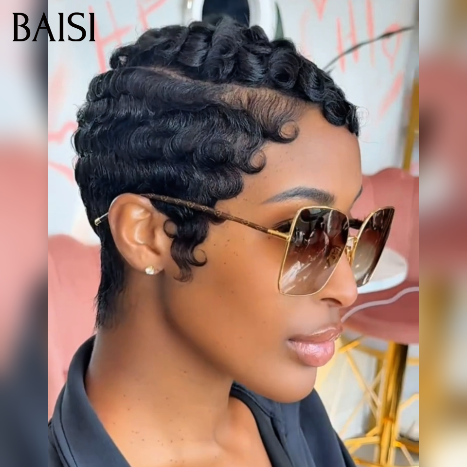 BAISI 4X4 Pixie Egg Curls Wig 10 Inches Side Parting 1B# €69 in 100% Human Hair FR38