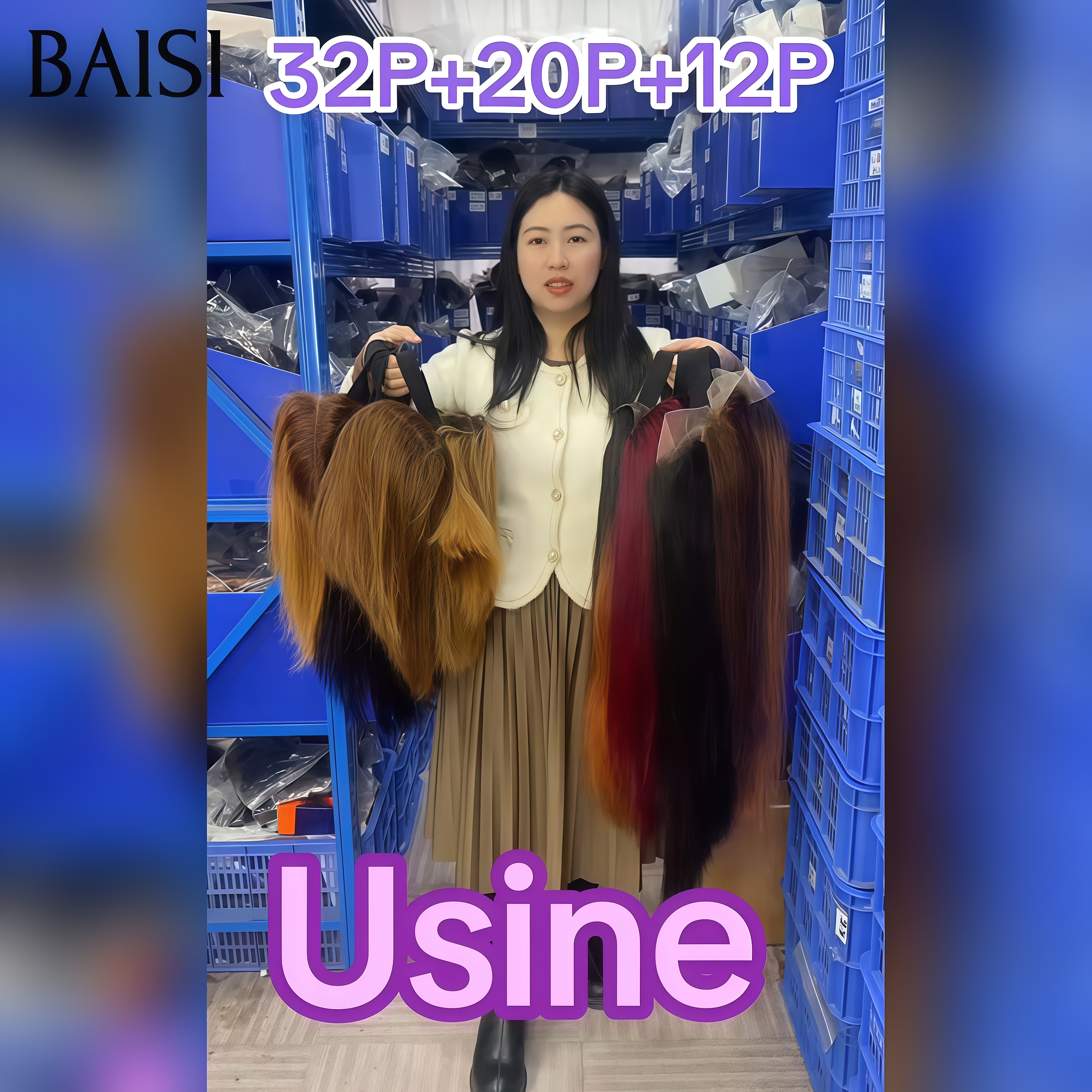 BAISI promo Prix d'usine perruques 3 Courtes 150€ ( Noir + Marron + Mixte 8P ) cheveux humains ou 10 perruques 150€ (3 pièces 32 pouce + 1 pièce 20 pouce + 4 pièces 12 pouce + 2 pièces 10 pouce ) cheveux naturels en soldes blended hair sans retour