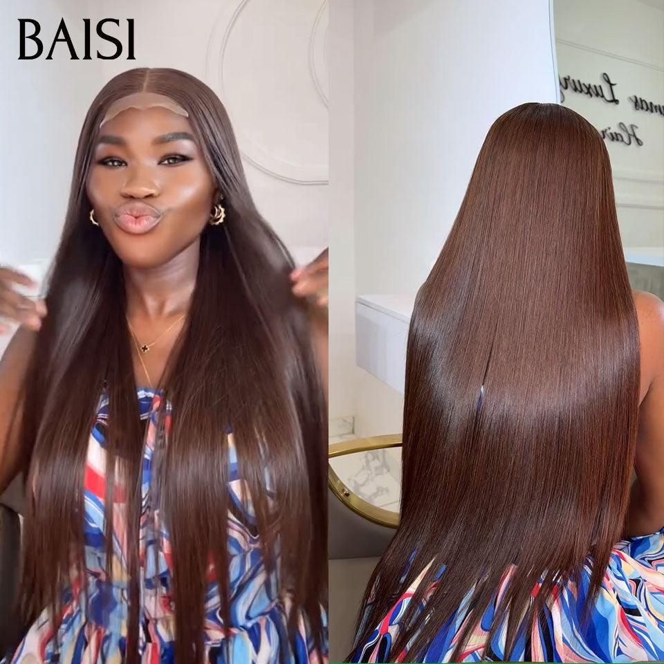 BAISI SDD BONE Straight 100% Vietnam Hair 2X6 Perruques Lisse 18 Pouces de Luxe Haute Qualité 250% Densité en Couleur Marron 4# en 100% Cheveux Humains BS60