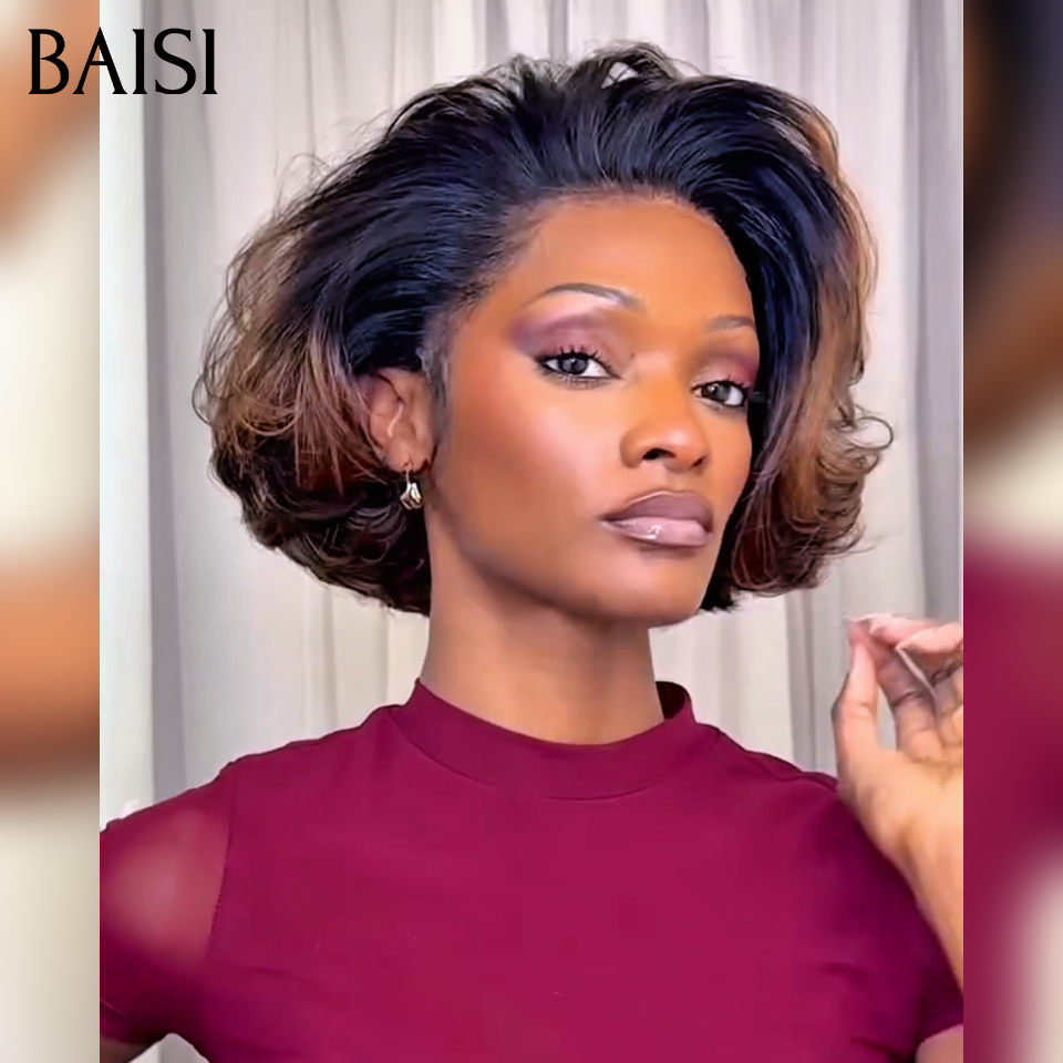 13x4 lace frontal Perruque boucle wave 66€ Moitié prix produit BOB en couleur Marron avec racine NOIR en 100% Cheveux Humains