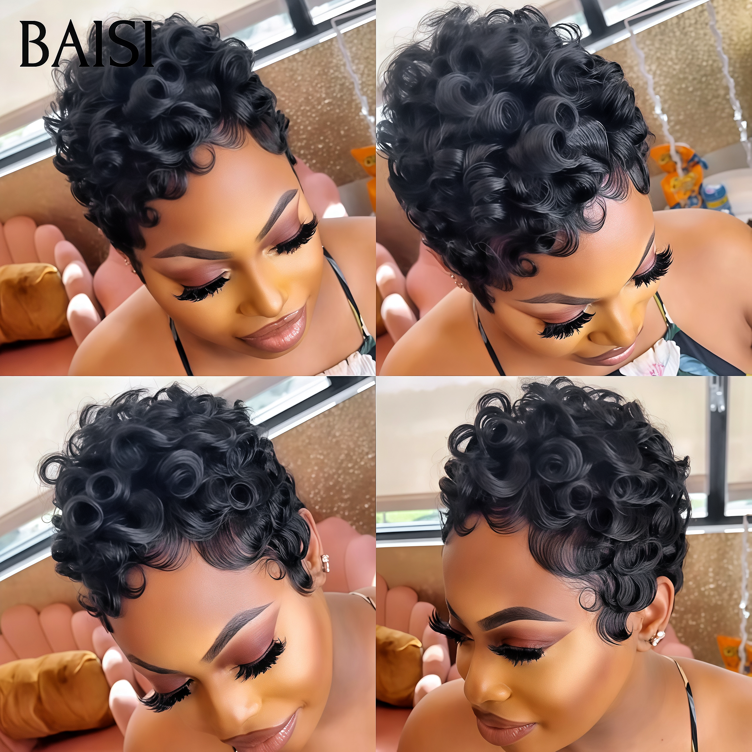 BAISI Prix en Gros Chioma Sans Colle 44€ ou 46€ Perruque Pixie Afro sans lace sans colle bouclé partout Noir en 100% cheveux humains