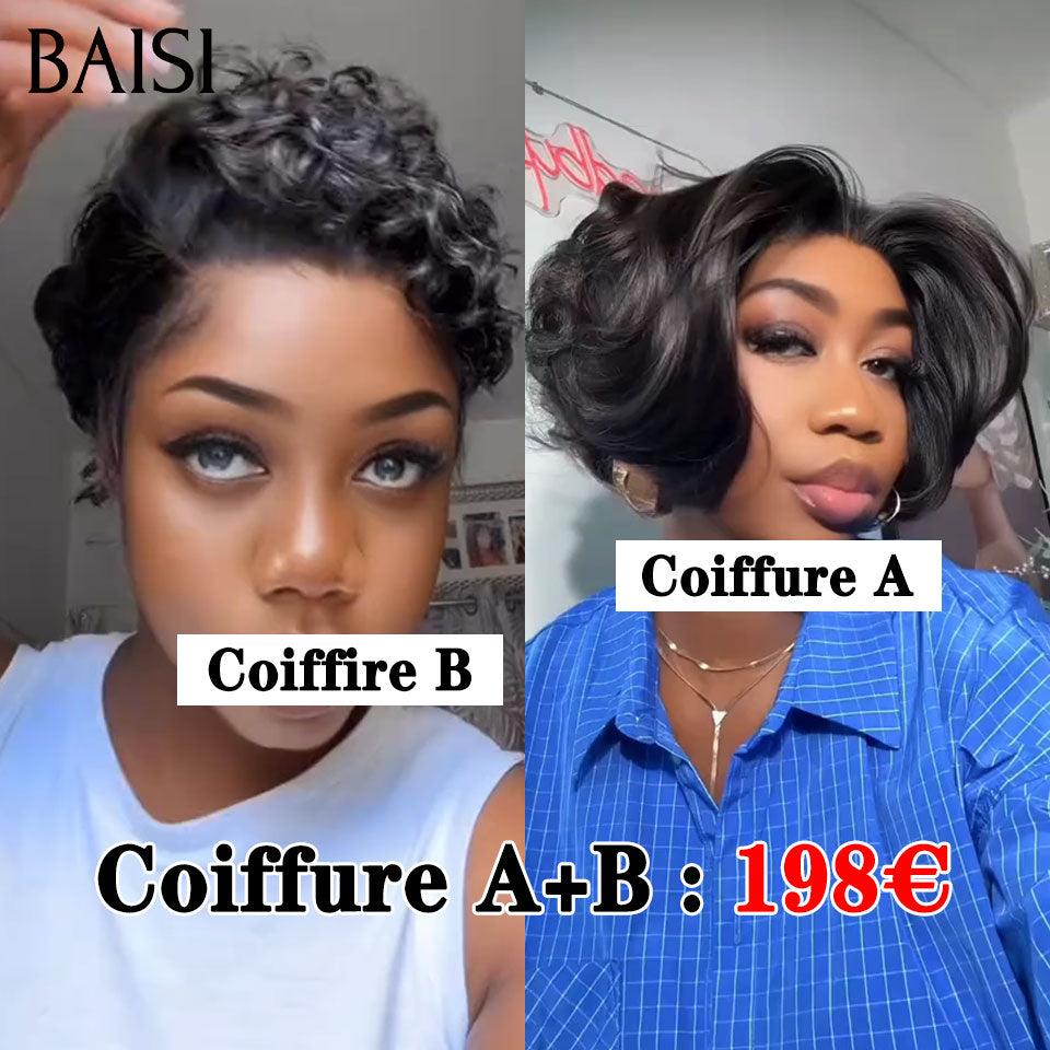 BAISI 2 Perruques pour revendre 198€ 13X4 bob Lisse 8 pouces et 13X4 pixie 6 Pouces en 100% vrais cheveux humains FR38