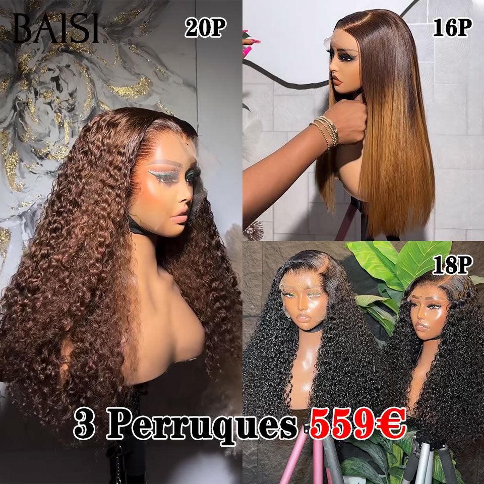 BAISI 3 Perruques pour revendre 559€ 13X4 curly et Lisse en 3 couleur NOIR et Marron et miel 4T27# en 100% vrais cheveux humains