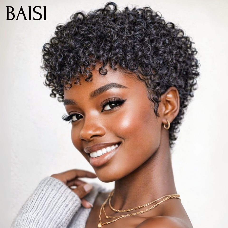 BAISI Promo 45€ Perruque Pixie sans Colle curly wave En Couleur noir en 100% Cheveux Humains