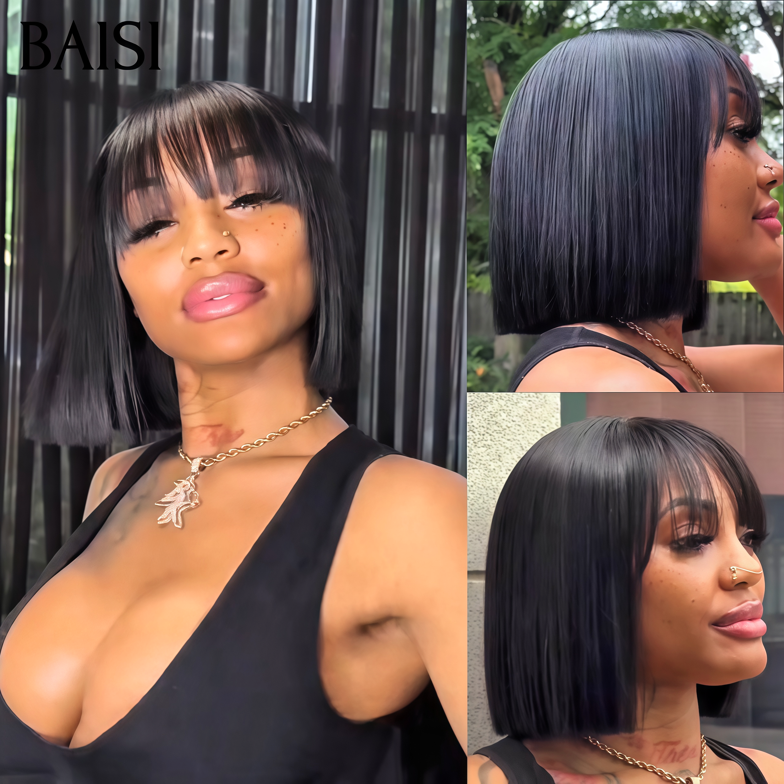 BAISI 15A SDD BONE STRAIGHT bob Parrucche di lusso Bob dritto senza pizzo con frangia A1 Realizzato con capelli doppiamente stirati B