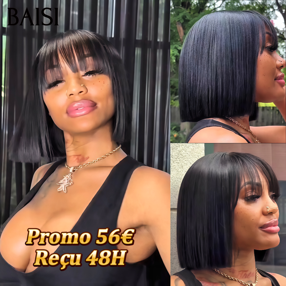 BAISI 15A SDD BONE STRAIGHT bob Parrucche di lusso Bob dritto senza pizzo con frangia A1 Realizzato con capelli doppiamente stirati B