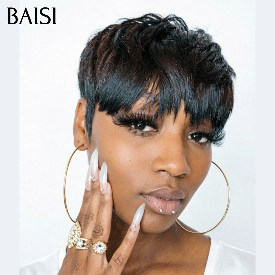 BAISI Pixie Sans Colle 39€ ou 13X4 lace Perruque Pixie Lisse en couleur Marron Mixte blonde 98€ moitié prix 100% Cheveux Humains MP50