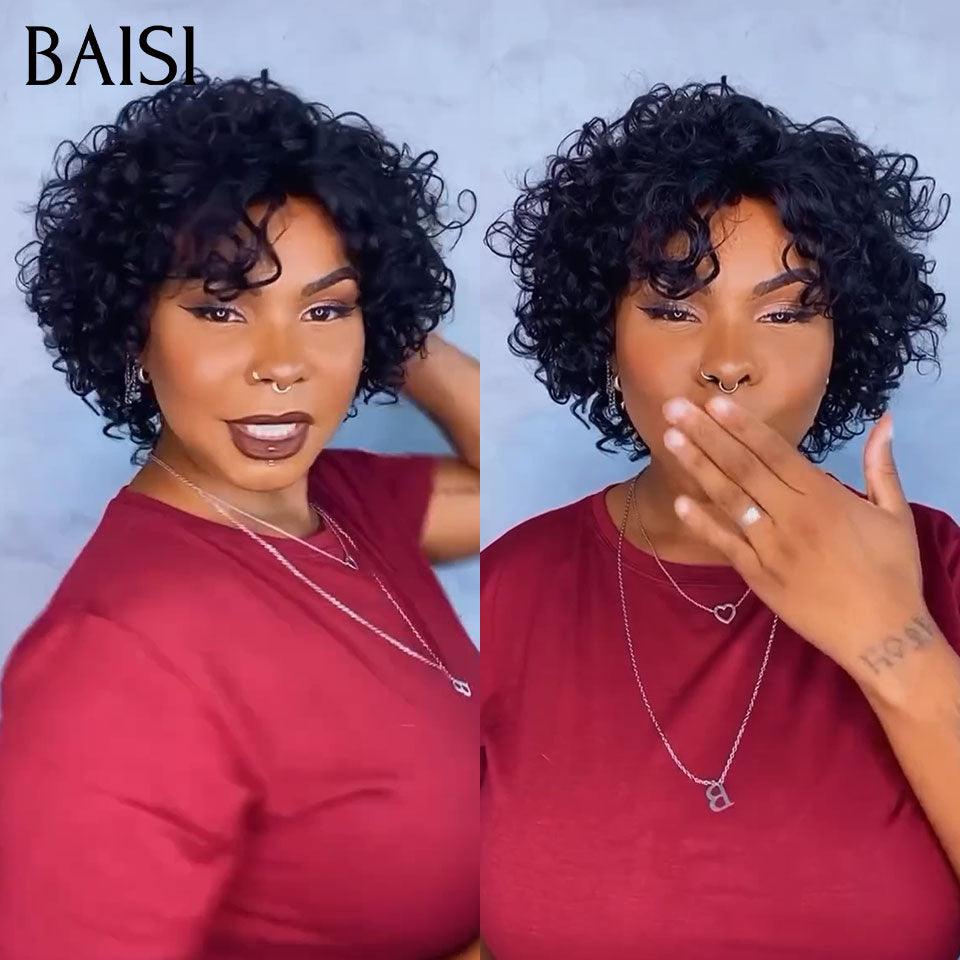 BAISI Perruque Pixie curly en couleur noir 69€ sans colle sans lace 100% Cheveux Humains Fabriqué à la Machine BS60